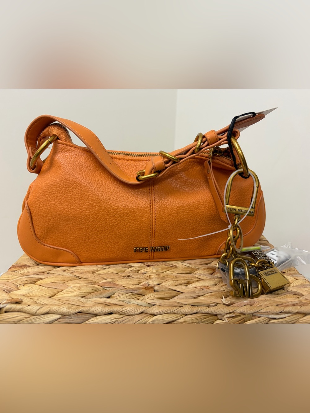 Steve Madden Orange Pebbled Leather Shoulder Hobo with Charm Hardware